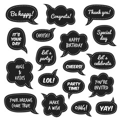 Party props. Photo booth comic speech bubbles with funny phrases for masquerade, white congratulate text on black background christmas and new year party, birthday vector set