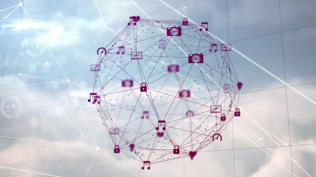 Globe of digital icons against cityscape