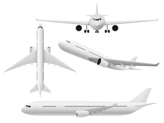 Airplane 3d. Airliner top, side and front view. Flying aircraft in various angle, air transport, commercial journey trip and travel aviation passenger plane realistic vector set © YummyBuum