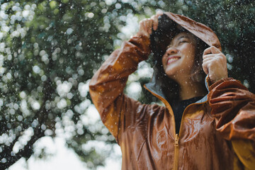 Hand close-up of an Asian woman wearing a raincoat at the outdoors
