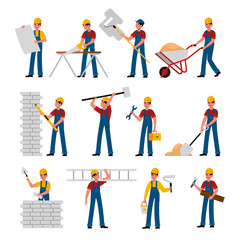 Construction workers. Cartoon builders in helmet work with constructions tools saw, hammer and trowel, shovel and ladder, building and renovation house flat vector characters collection