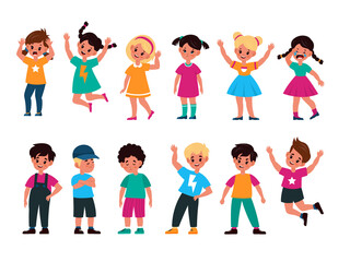 Emotional kids. Cute boys and girls afraid and happy, cry and sad, surprised and resentful, jump and angry, faces with expressions vector flat cartoon children characters collection