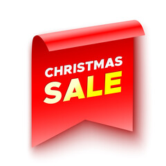 Christmas sale banner. Sticker. Red ribbon. Paper scroll. Vector illustration.