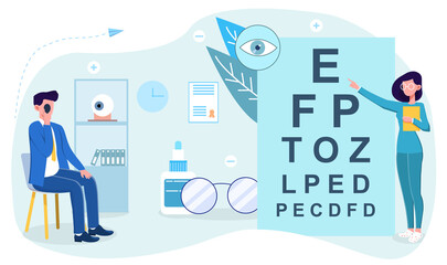 Ophthalmology concept ophthalmologist conducting an eye test using a chart in his surgery, colored vector illustration