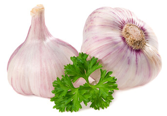 garlic with parsley isolated on white background. full depth of field