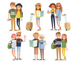 Big set group of diverse flat cartoon characters people travelers tourists in different poses standing together isolated on white background. Crowd people. Casualy looking dressed men women.Vector