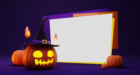 3D rendering concept of Halloween pumpkin head lantern wearing witch hat and fireball spirit decoration and blank space for your text on purple color background