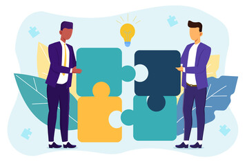 . Diverse male colleagues in business suits collecting puzzle elements. Vector illustration