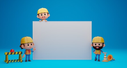 Fototapeta premium 3D render concept illustration of cute worker characters wearing hard hat and blank sign for your message