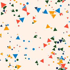 Fototapeta na wymiar Colorful messy dots, triangles background. Festive seamless pattern with round shapes. Grunge dotted texture for wrapping paper, web. Vector illustration. 
