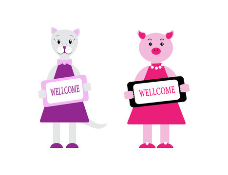 Set of cute characters keeping the Wellcome plate. Vector illustration in cartoon flat style. Domestic animals cat and pig