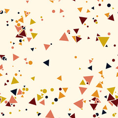Colorful messy dots, triangles background. Festive seamless pattern with round shapes. Grunge dotted texture for wrapping paper, web. Vector illustration. 