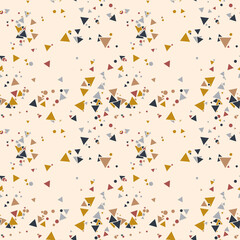 Colorful messy dots, triangles background. Festive seamless pattern with round shapes. Grunge dotted texture for wrapping paper, web. Vector illustration. 