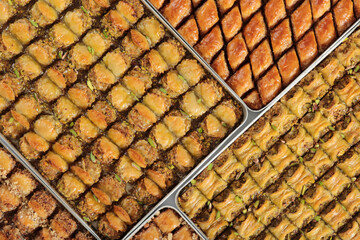 Traditional Dessert Turkish Baklava. Walnut, Pistachio Turkish Style Antep Baklava Presentation. Baklava from Turkish cuisine.