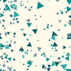 Colorful messy dots, triangles background. Festive seamless pattern with round shapes. Grunge dotted texture for wrapping paper, web. Vector illustration. 