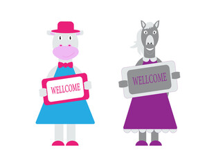 Set of cute characters keeping the Wellcome plate. Vector illustration in cartoon flat style. Farm animals cow and horse