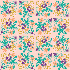 Cartoon abstract floral seamless pattern with flowers, branches and leaves. Floral tile background. Wrapping paper, textile. Vector illustration.  