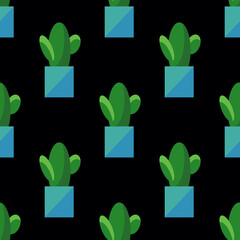 Seamless pattern of cactus in pots isolated on black background. Simple cartoon vector style. Flat design. House plant illustration