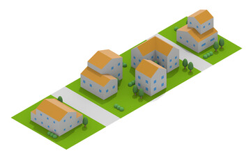 A residential area with lots of greenery. Cityscape from the sky. Houses and trees. Many houses.