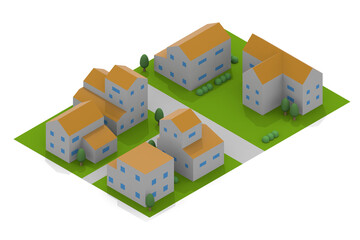 A residential area with lots of greenery. Cityscape from the sky. Houses and trees. Many houses.