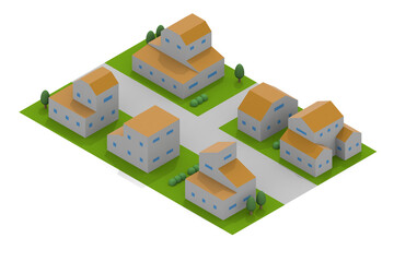 A residential area with lots of greenery. Cityscape from the sky. Houses and trees. Many houses.