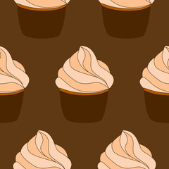 Seamless pattern with cupcakes. Vector hand drawn Illustration. Dessert isolated on brown background. Can be used as packaging, wrapping paper, wallpaper