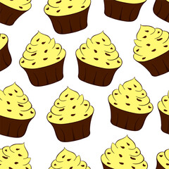 Cupcakes with chocolate sprinkles isolated on white background. Sweet Dessert with yellow cream. Lemon, banana or vanilla taste. Seamless pattern.Vector illustration