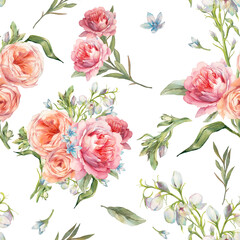 Watercolor blooming flowers seamless pattern. Floral design with peony and roses