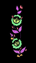 Decorative composition of abstract doodle flowers and leaves. Floral motif illustration. Design element. Hand drawn vertical ornament isolated on white background.