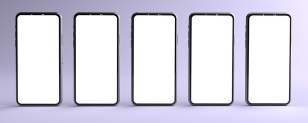 3D rendering. The mockups Smartphones white screen on violet floor, Mobile phone lay down on the ground. Smartphones white screen can be used for commercial advertising, Isolated on violet background.