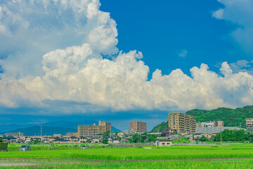 日本の夏と田舎と入道雲ある街並み