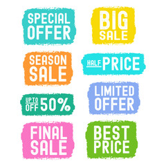 Hand sketched set of sale quotes. Drawn banner, tag, label, sticker. SPECIAL OFFER, BIG SALE, HALF PRICE, UP TO 50% OFF.