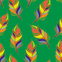 Bright feather print. Green background. Summer Seamless pattern. Colorful Vector illustration