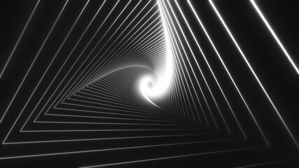 White triangular tunnel moves in a spiral on a black background. Animation for music videos, nightclubs, LED screens, projection shows, video mapping, audiovisual performances. 3d rendering