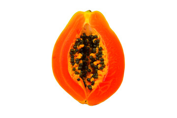 Half ripe papaya has separate seeds on white background