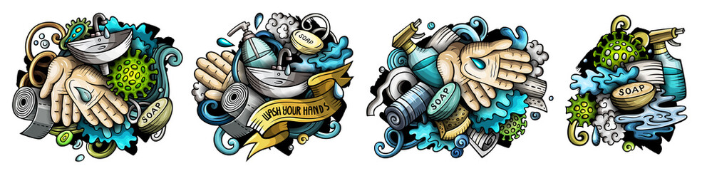 Hand Wash cartoon vector doodle designs set.