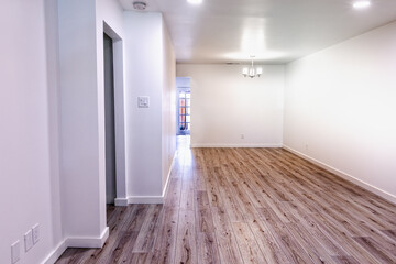 Empty living room with white walls and hardwood floor