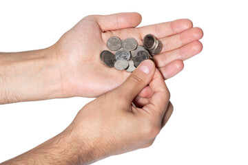 Coins in hands. Hand holding coins. Ukrainian money