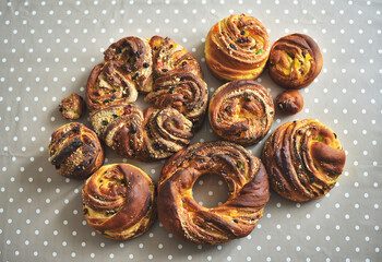Easter cakes on the table. Fresh buns