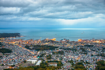 Fototapeta na wymiar Otaru, Hokkaido, Japan town cityscape over Ishikari Bay