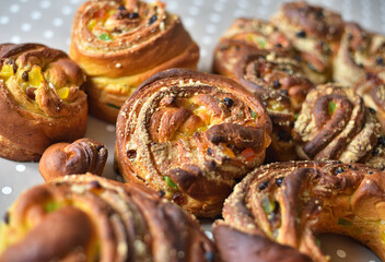 Easter cakes on the table. Fresh buns