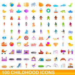 100 childhood icons set. Cartoon illustration of 100 childhood icons vector set isolated on white background