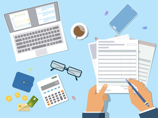 Top view of the work desk of a businessman working with financial or accounting documents with an open laptop, calculator, wallet and credit cards. Flat vector illustration