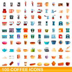 100 coffee icons set. Cartoon illustration of 100 coffee icons vector set isolated on white background
