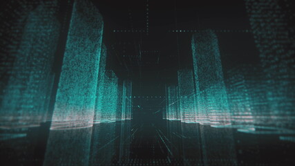 neon wireframe of abstract digital city business center with skyscrapers which consists of azure and white symbols on black background. 3d rendering 4K video.