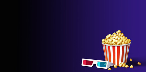 Popcorn bucket classic red white paper illustration art realistic on a purple background horizontal place for text copy space. Glasses for 3D cinema.