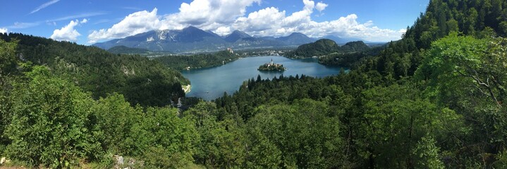 Panorama of Lake Bled with St Mary's church on the small island, Bled, Slovenia, Europe