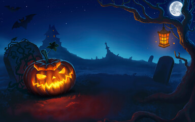 Halloween pumpkin with glowing eyes and jack mouth on the background of a cemetery at night with a full moon. Illustration art landscape copy space.