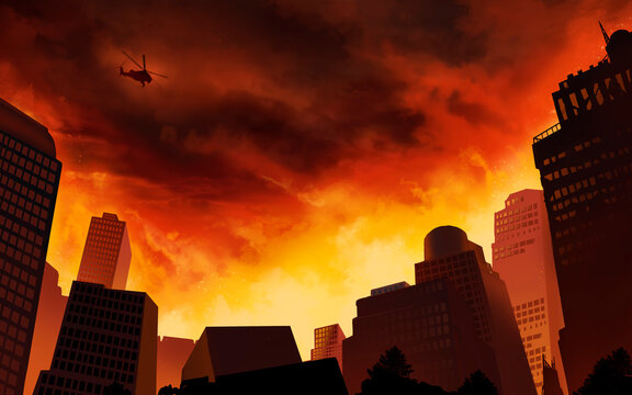 Burning City With Skyscrapers Black Sky Destruction And Disaster Apocalypse. Illustration Realism Art Background.