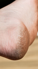 Man cracked heel. Dirt feet, cracked feet due to walking barefoot. 